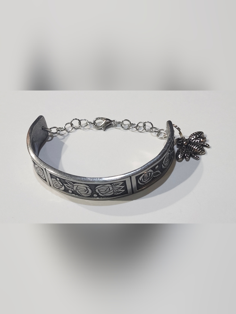 Rose Spoon Handle Floral Cuff Bracelet With Bee Charm